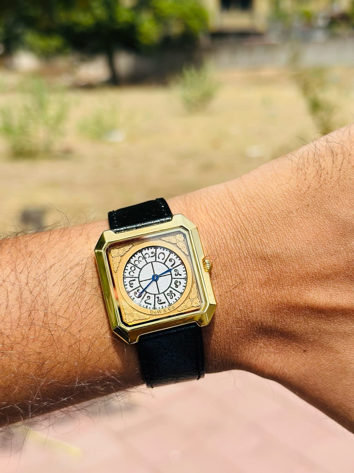 The DeW & Co. Dodda Gadiyara worn on a black leather strap, photographed outdoors