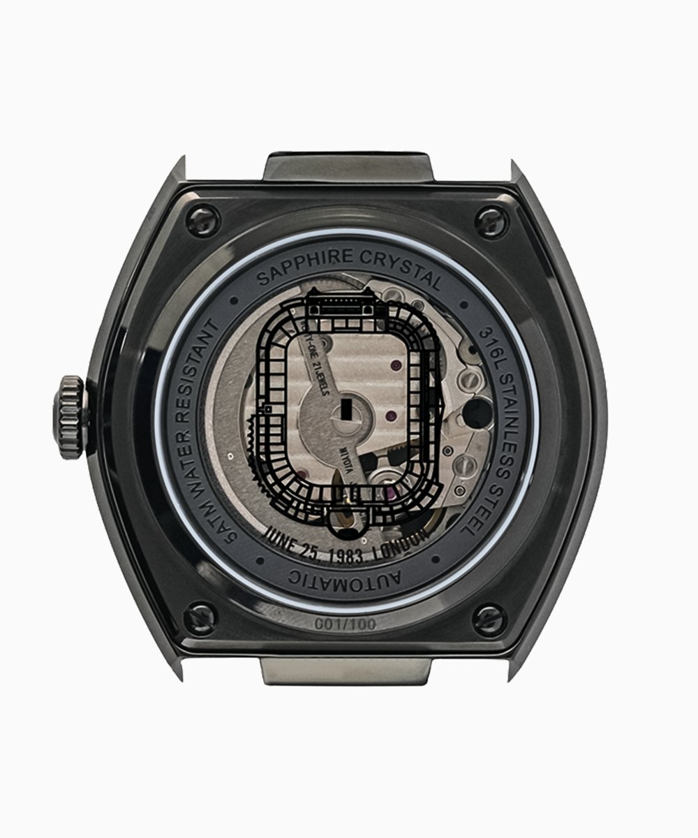 Caseback of the IST 1947 Vijay 1983: the Miyota 82S7 movement seen through a printed outline of Lord's, with June 25, 1983, London and the piece number 001/100