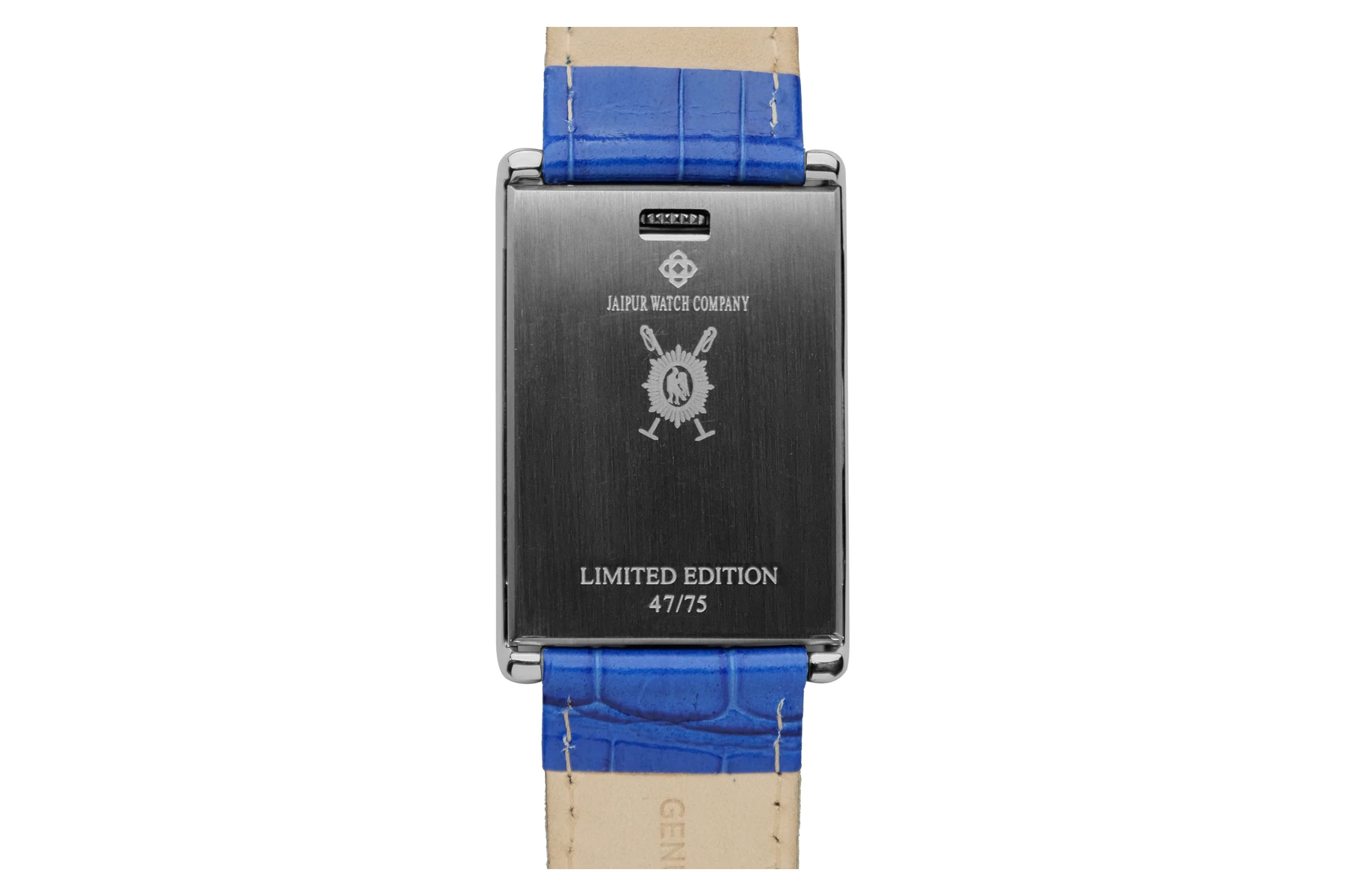 Caseback of the Jaipur Watch Company Flip Watch, engraved with crossed polo mallets behind a sunburst medallion of a horse and rider, above the words Limited Edition 47 of 75