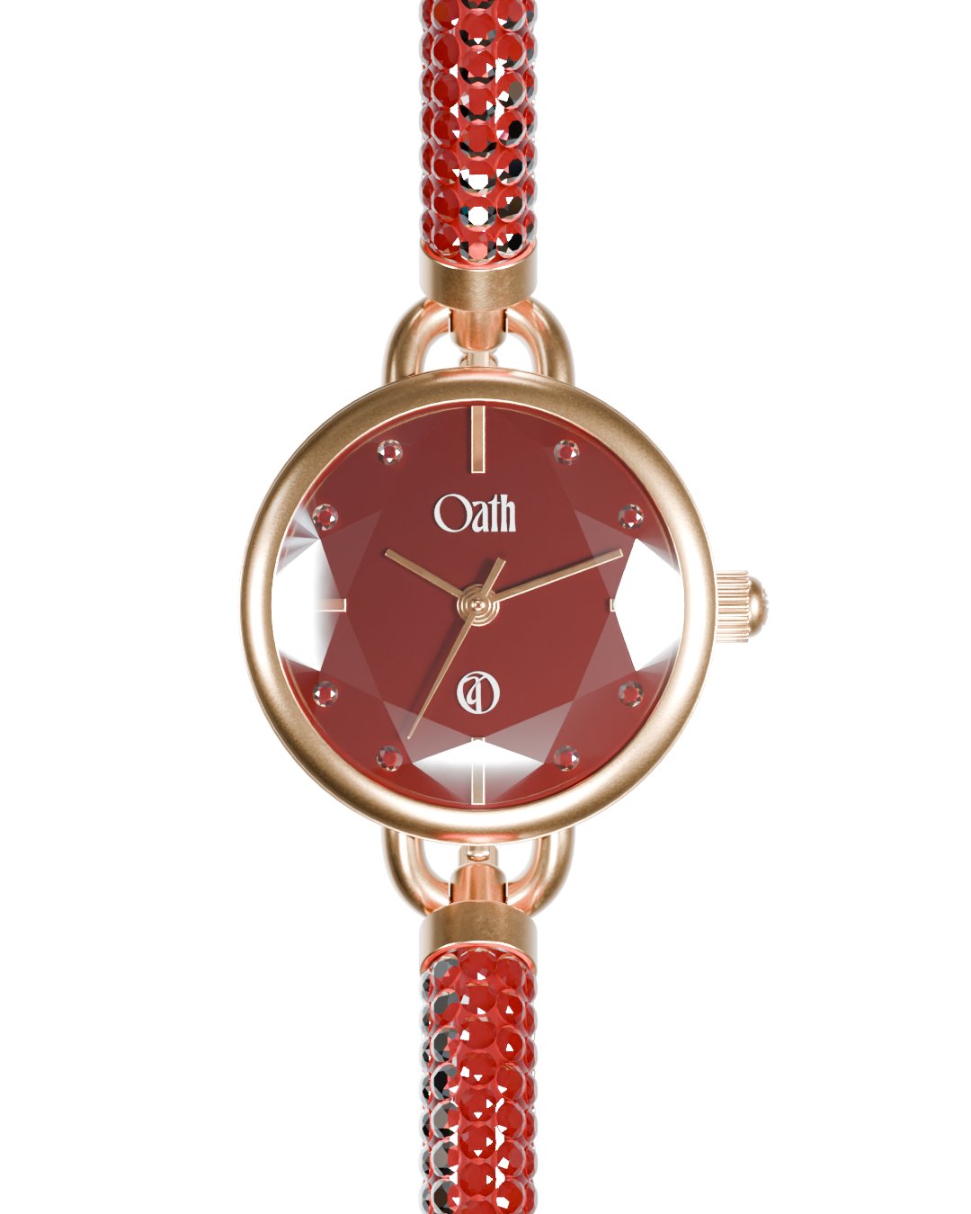 OATH Ember Ruby: a 27.9mm watch with a faceted deep red dial, rose-gold hands and a crystal-set bangle with an adjustable chain